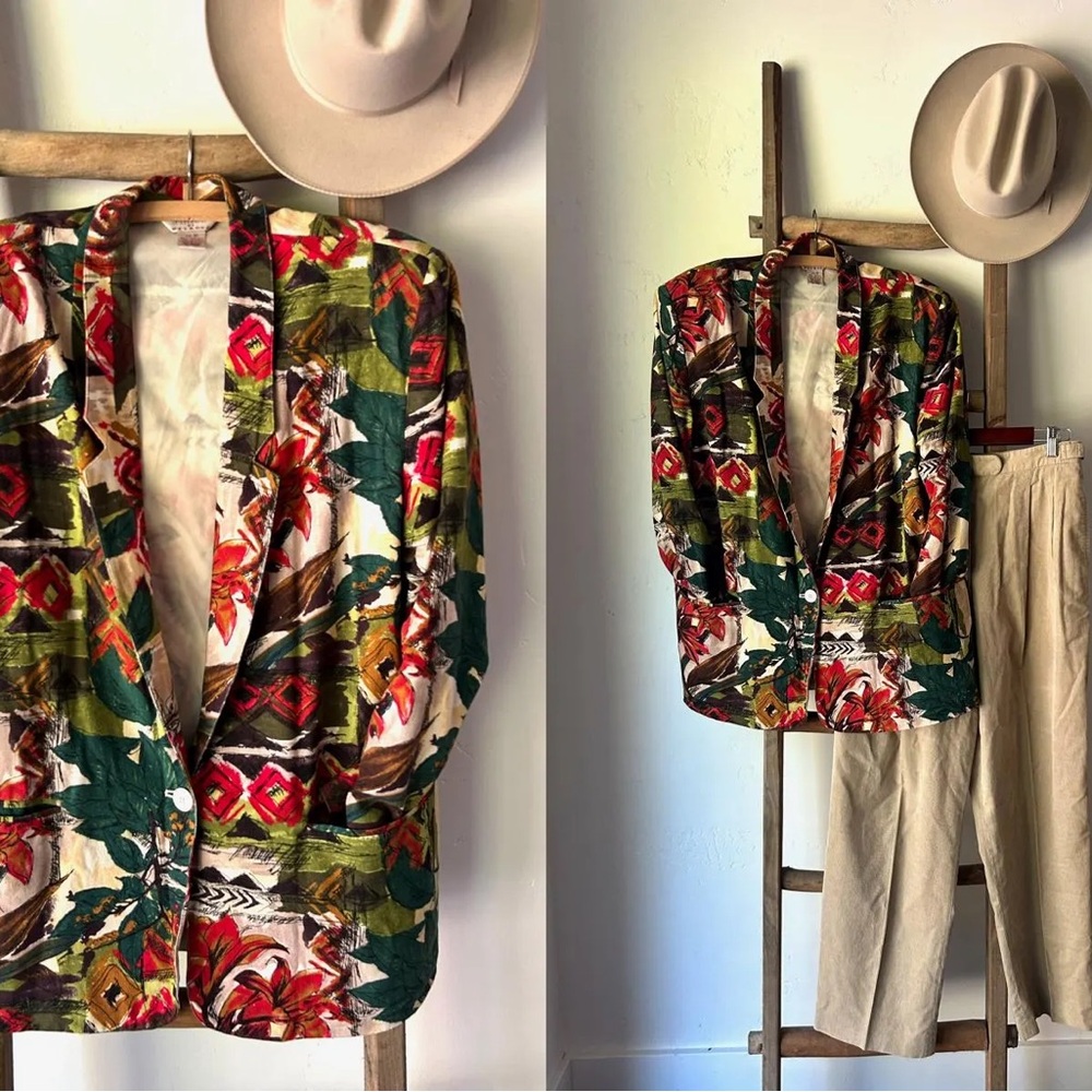 Raw Silk Blazer Vintage 80s Oversized Blazer Vibrant Tropical print.Size 12